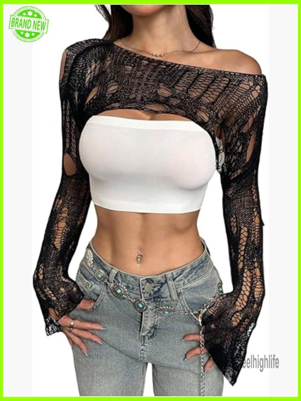 Off Shoulder Crochet Sweater Hollow Out Long Sleeve Bolero Shrug Pullover Crop